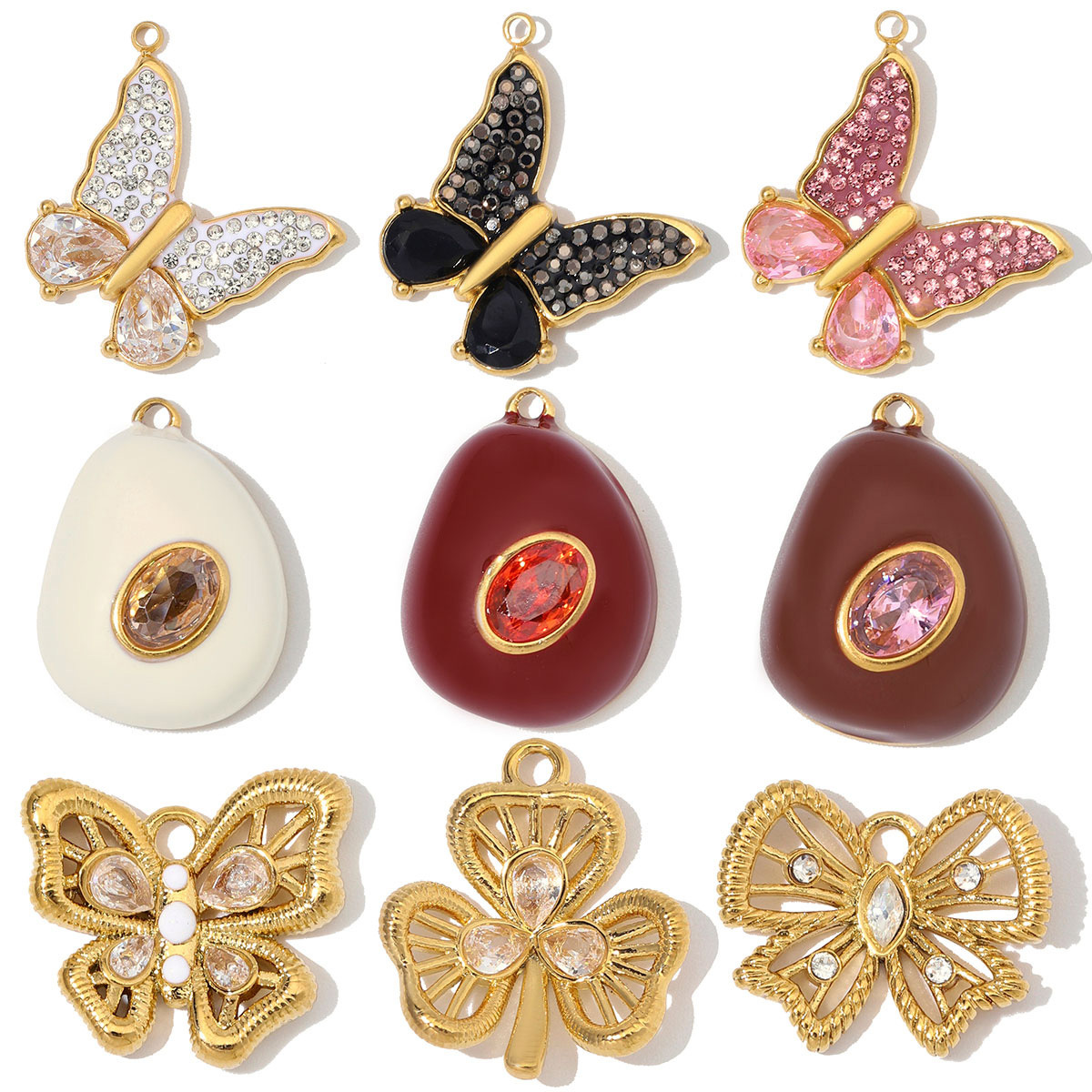 6pcs/Lot Stainless Steel Zircon Butterfly Clover DIY Earring Charms Enamel Oval Necklace Pendants Woman Rhinestone Jewelry Wholesale