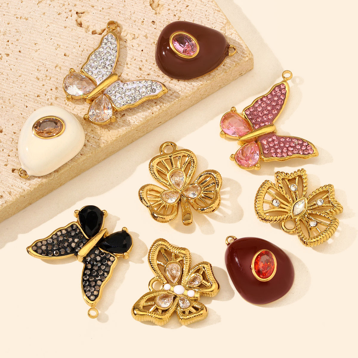 6pcs/Lot Stainless Steel Zircon Butterfly Clover DIY Earring Charms Enamel Oval Necklace Pendants Woman Rhinestone Jewelry Wholesale