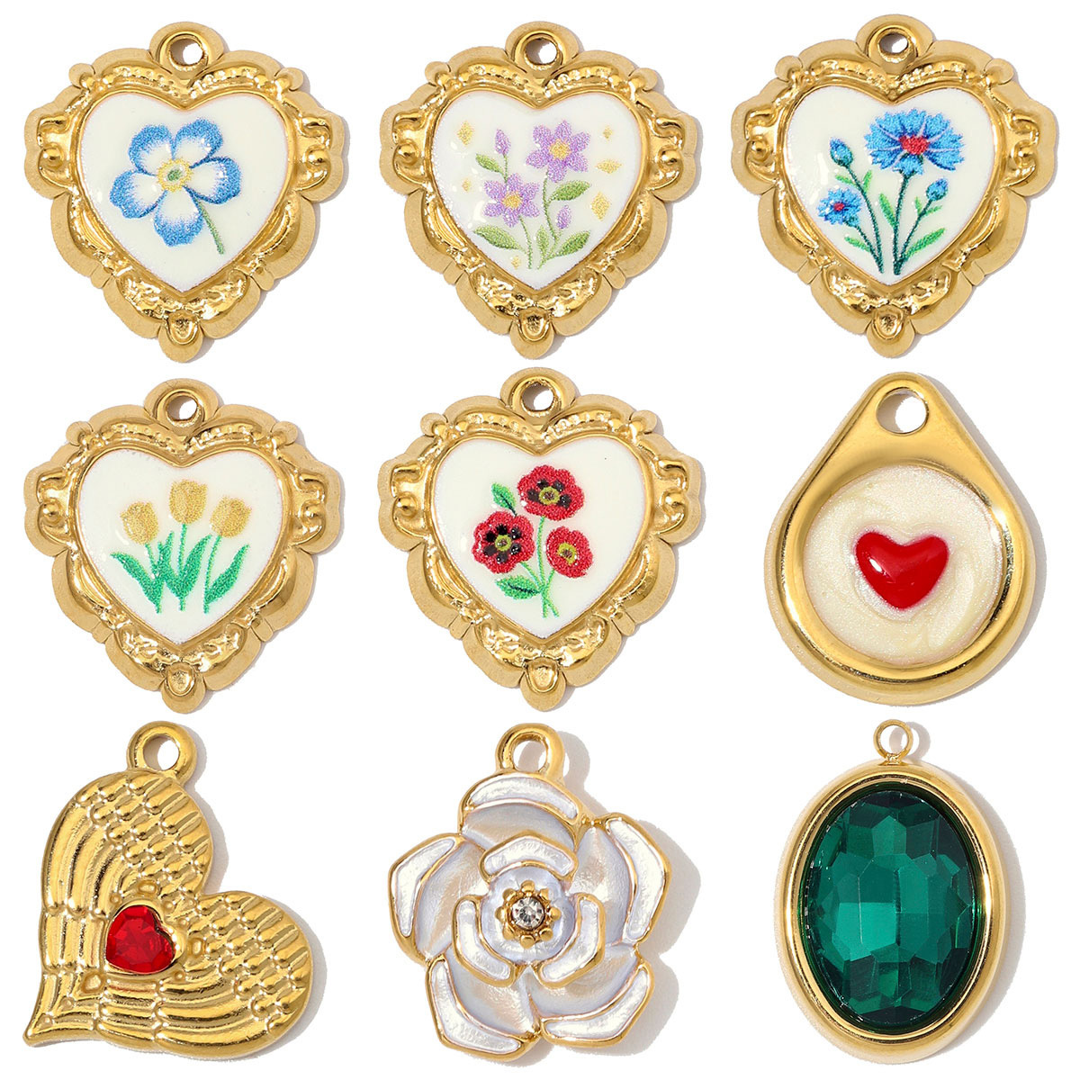 6pcs/Lot Stainless Steel Enamel Daisy Sunflower DIY Bracelet Charms Glass Stone Oval Necklace Pendants  Heart Flower Jewelry Wholesale