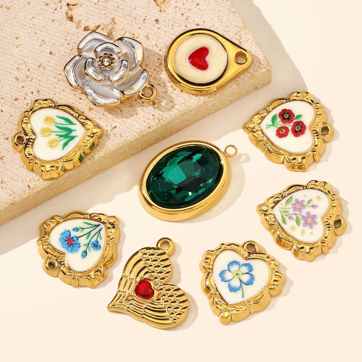 6pcs/Lot Stainless Steel Enamel Daisy Sunflower DIY Bracelet Charms Glass Stone Oval Necklace Pendants  Heart Flower Jewelry Wholesale