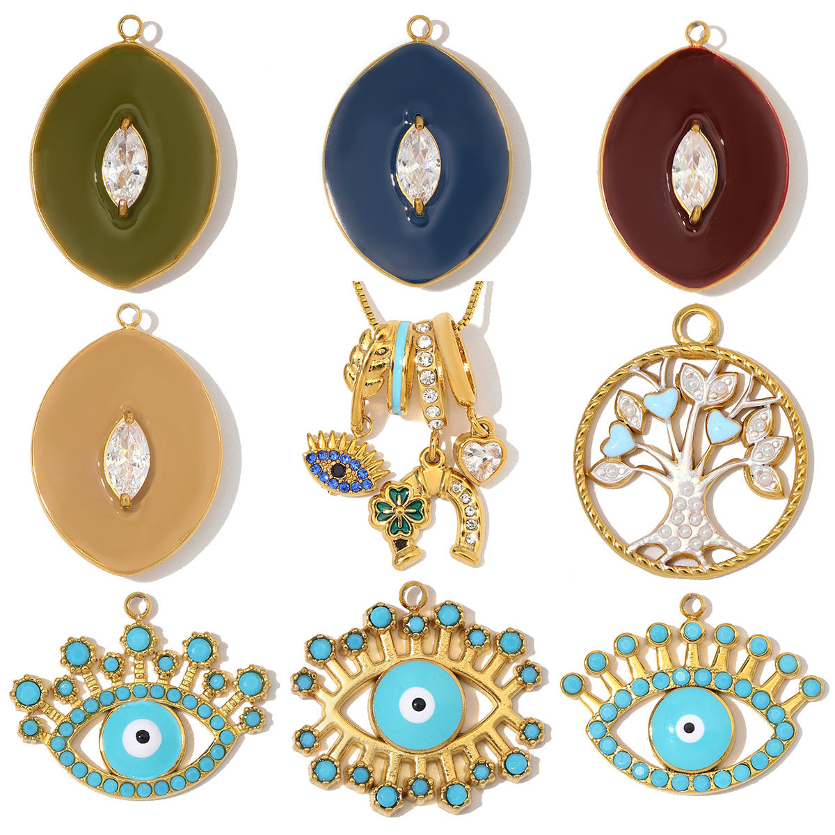 6pcs/Lot Stainless Steel Enamel Life Tree DIY Charms Zircon Horseshoe Evil Eye Necklace Pendants Woman Heart Clover Jewelry Wholesale