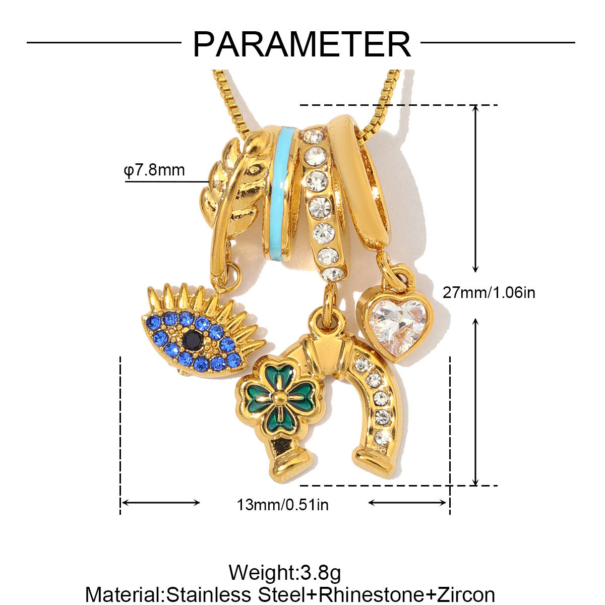 6pcs/Lot Stainless Steel Enamel Life Tree DIY Charms Zircon Horseshoe Evil Eye Necklace Pendants Woman Heart Clover Jewelry Wholesale