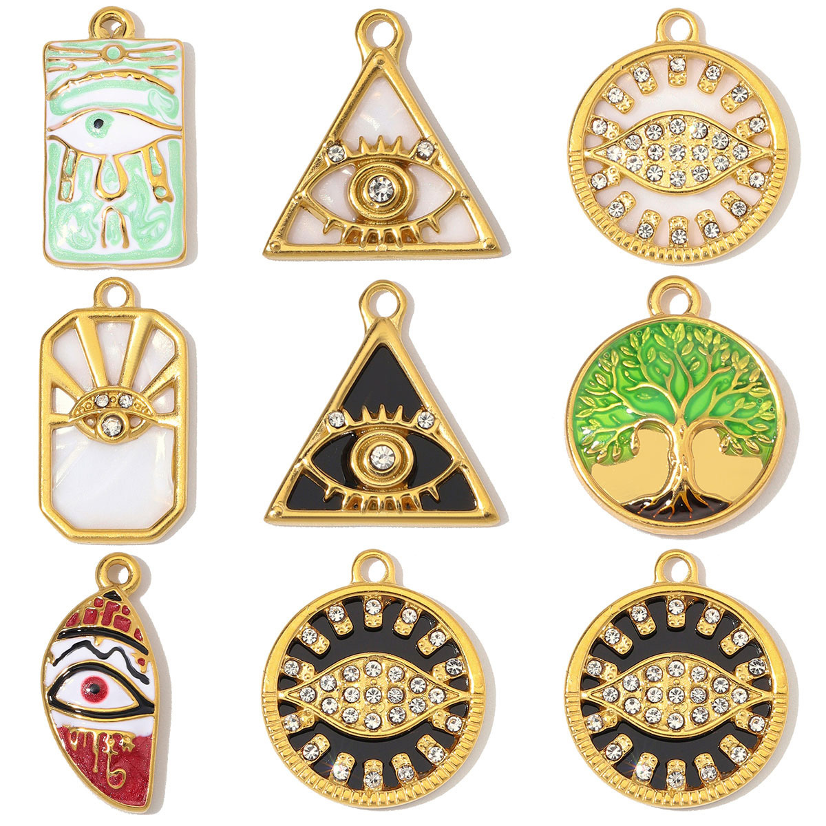 6pcs/Lot Stainless Steel Rhinestone Round Triangle Evil Eye DIY Charms Enamel Life Tree Necklace Pendants Woman Square Jewelry Wholesale