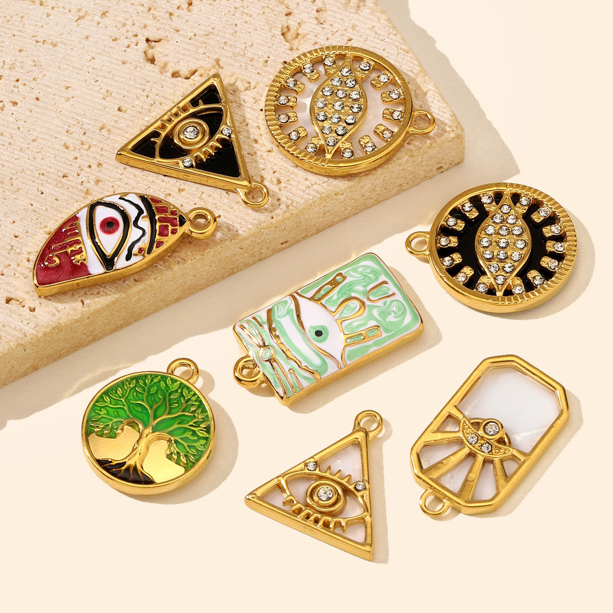 6pcs/Lot Stainless Steel Rhinestone Round Triangle Evil Eye DIY Charms Enamel Life Tree Necklace Pendants Woman Square Jewelry Wholesale