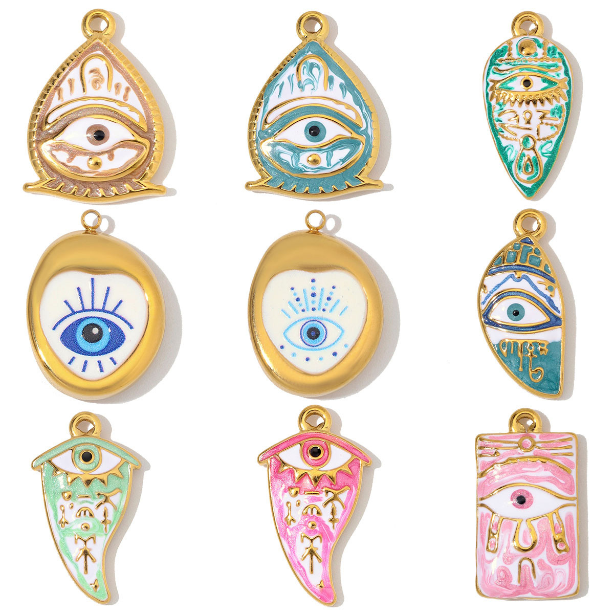 6pcs/Lot Stainless Steel Rhinestone Waterdrop Evil Eye DIY Earring Charms Enamel Geometric Necklace Pendants Woman Jewelry Wholesale