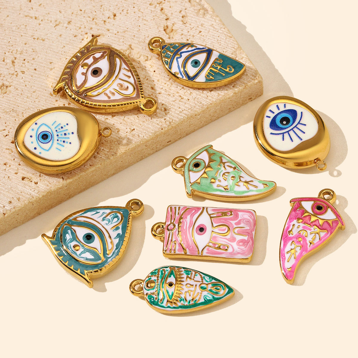 6pcs/Lot Stainless Steel Rhinestone Waterdrop Evil Eye DIY Earring Charms Enamel Geometric Necklace Pendants Woman Jewelry Wholesale