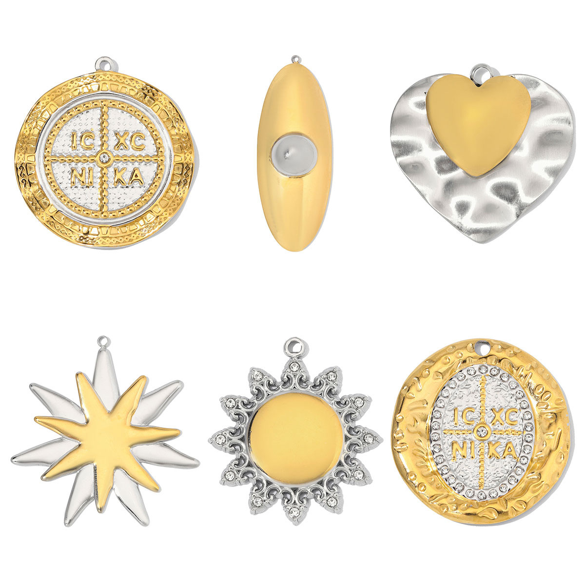 6pcs/Lot Stainless Steel Rhinestone IC XC NI KA Disc Coin DIY Charms Two Tone Sun Leaf Necklace Pendants Woman Heart Jewelry Wholesale