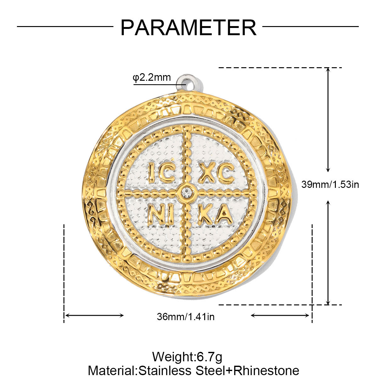 6pcs/Lot Stainless Steel Rhinestone IC XC NI KA Disc Coin DIY Charms Two Tone Sun Leaf Necklace Pendants Woman Heart Jewelry Wholesale