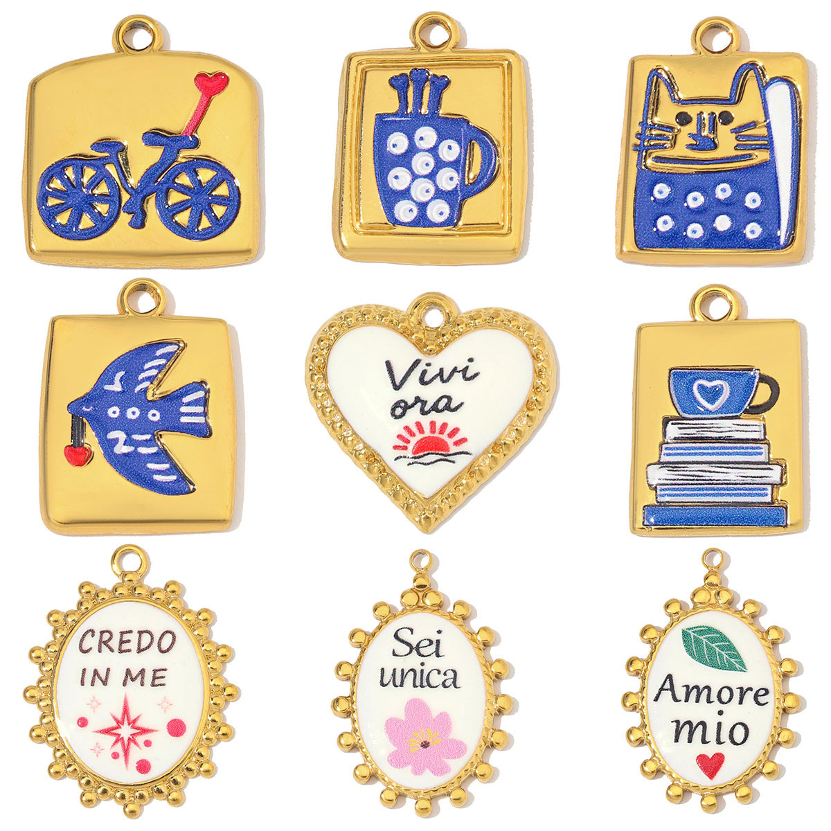 6pcs/Lot Stainless Steel Enamel Heart Oval DIY Charms Bike Coffee Cup Cat Necklace Pendants Woman Italian Wrods Jewelry Wholesale