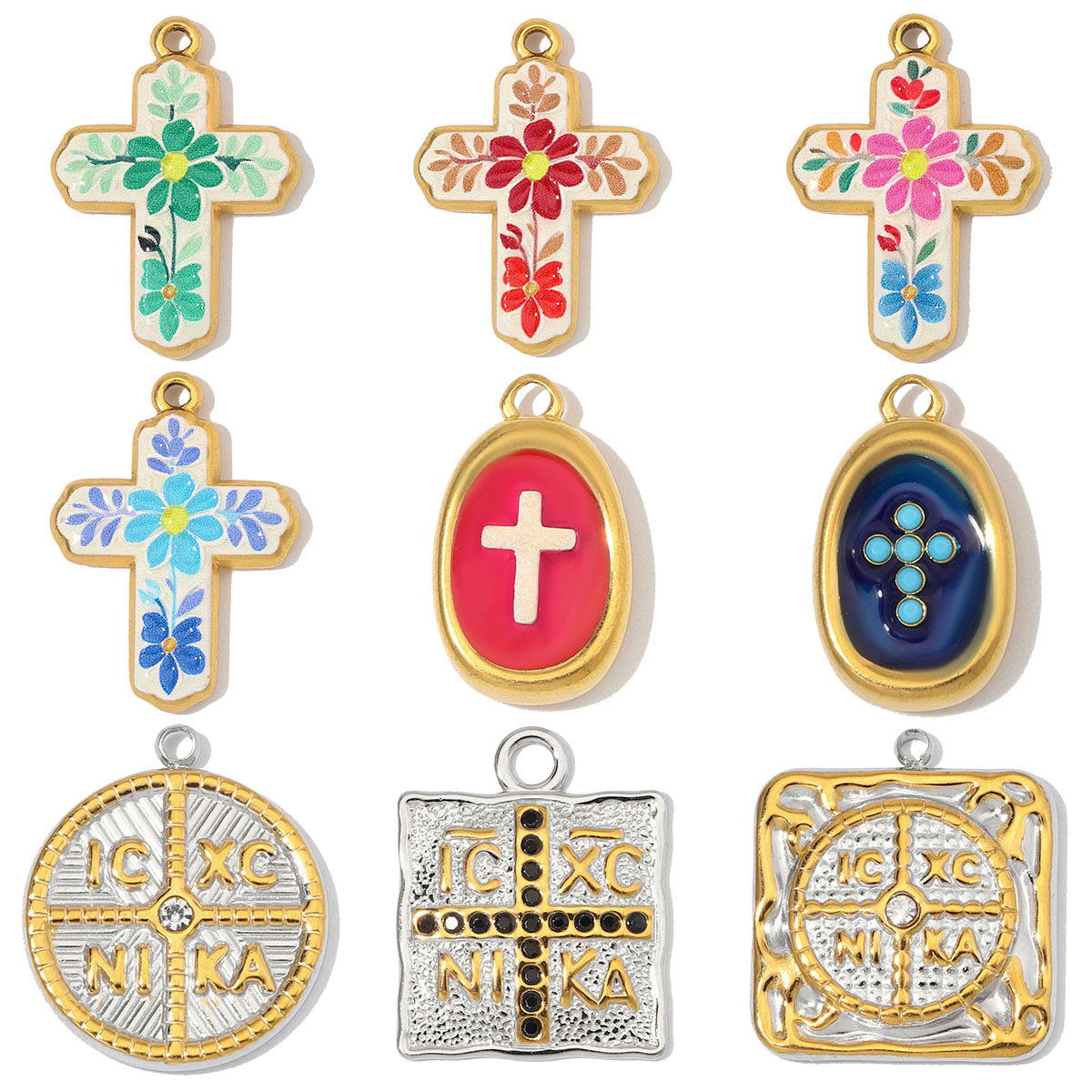 3pcs/Lot Fashion Stainless Steel Enamel Flower Cross DIY Charms Two Tone Coin Necklace Pendants Woman Rhinestone Jewelry Wholesale