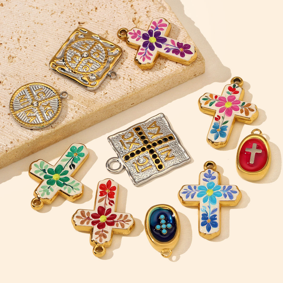 3pcs/Lot Fashion Stainless Steel Enamel Flower Cross DIY Charms Two Tone Coin Necklace Pendants Woman Rhinestone Jewelry Wholesale