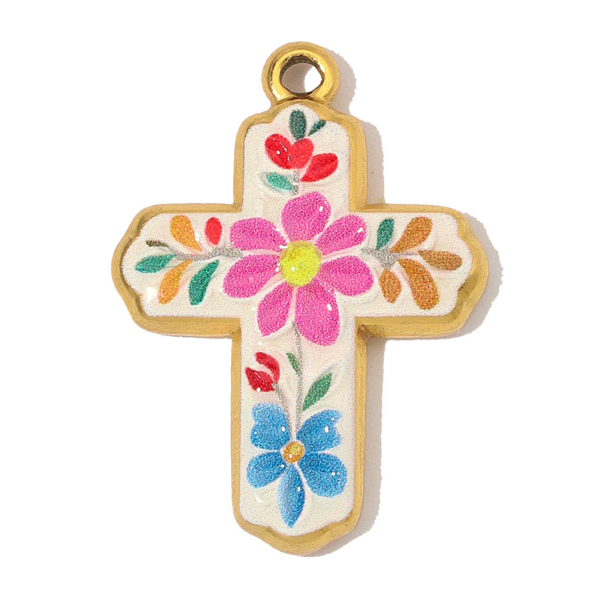 3pcs/Lot Fashion Stainless Steel Enamel Flower Cross DIY Charms Two Tone Coin Necklace Pendants Woman Rhinestone Jewelry Wholesale