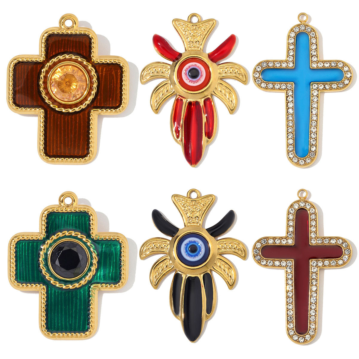 6pcs/Lot Stainless Steel Enamel Flower Cross DIY Charms Lotus Evil Eye Necklace Pendants Woman Pardon Crucifix Jewelry Wholesale