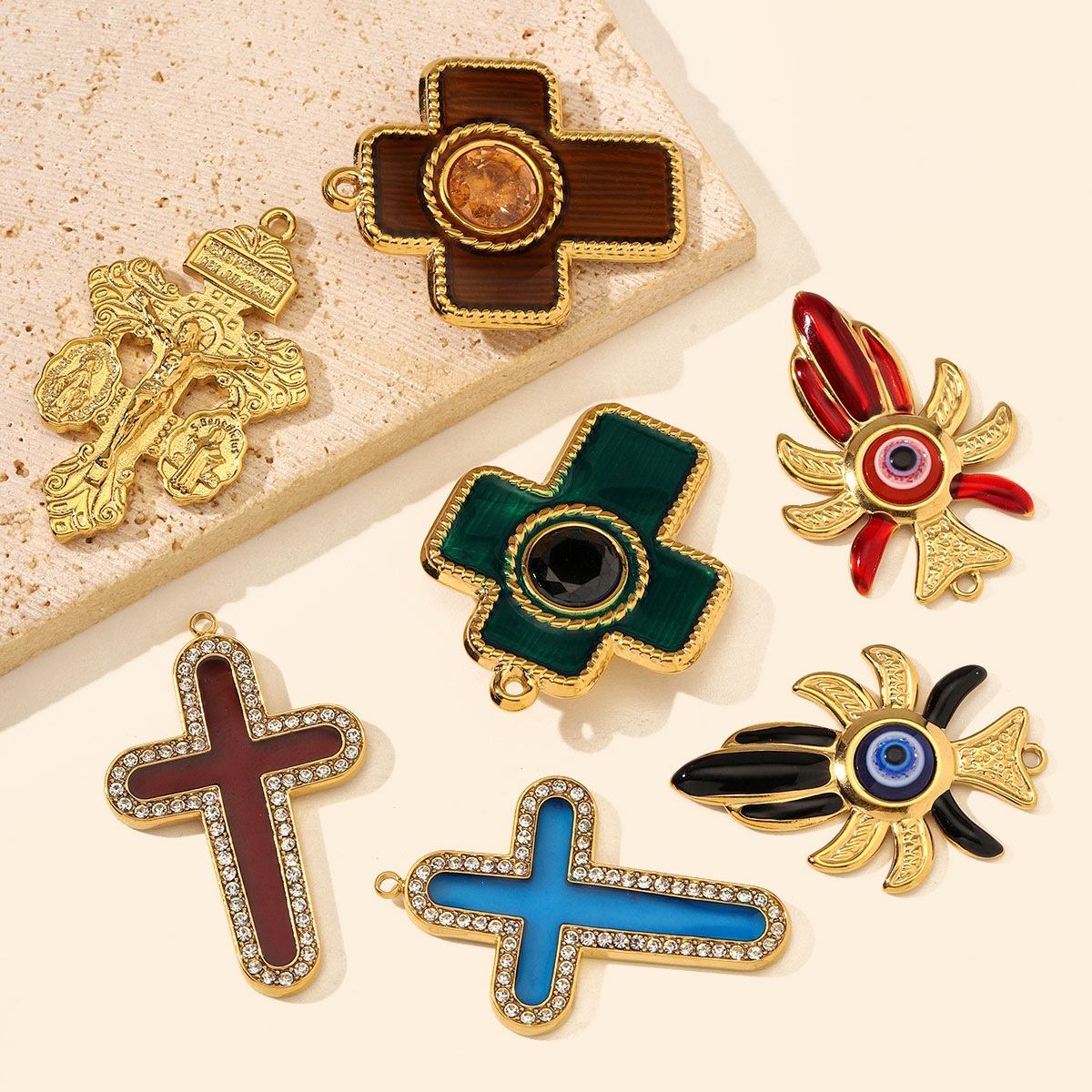 6pcs/Lot Stainless Steel Enamel Flower Cross DIY Charms Lotus Evil Eye Necklace Pendants Woman Pardon Crucifix Jewelry Wholesale