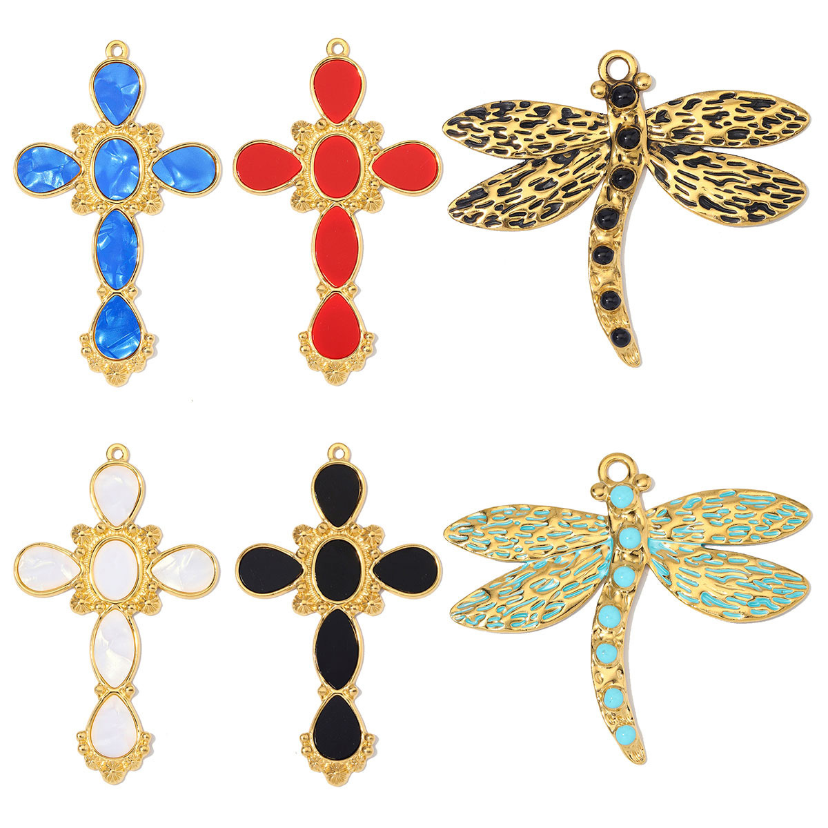 6pcs/Lot Fashion Stainless Steel Resin Cross DIY Charms Nnatural Stone Dragonfly Necklace Pendants Woman Big Size Jewelry Wholesale