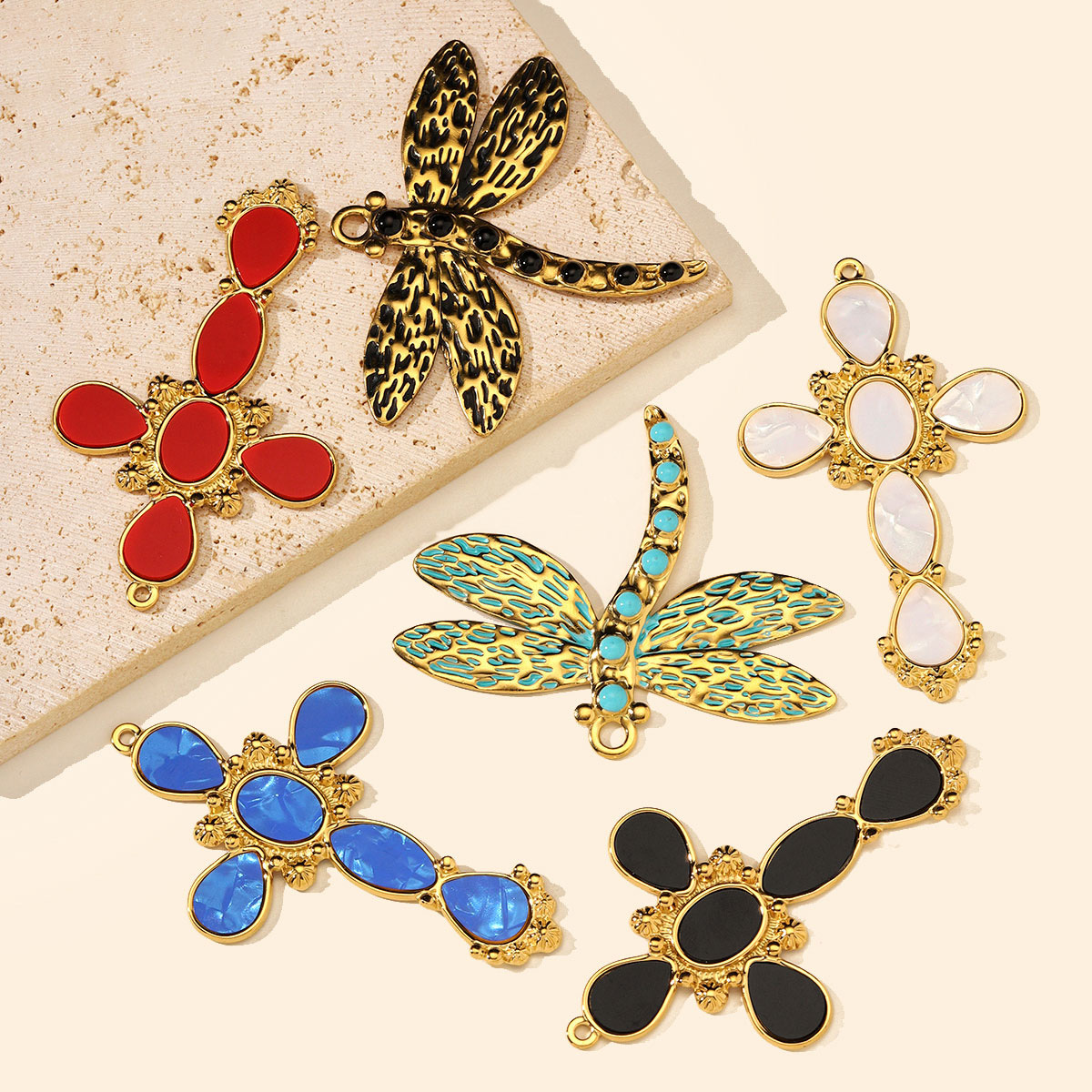 6pcs/Lot Fashion Stainless Steel Resin Cross DIY Charms Nnatural Stone Dragonfly Necklace Pendants Woman Big Size Jewelry Wholesale