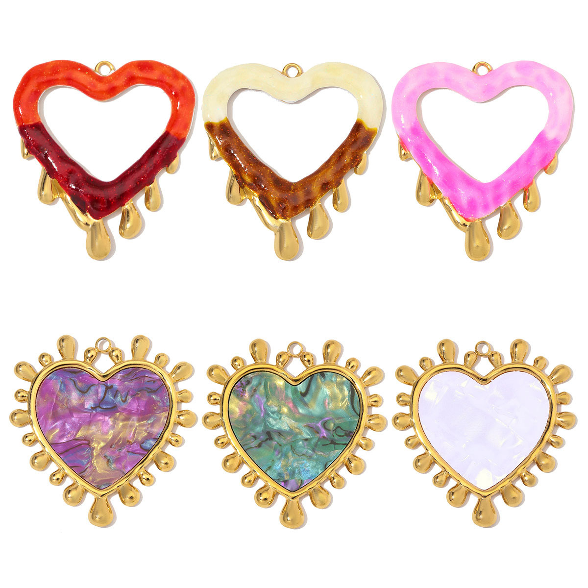 6pcs/Lot Stainless Steel Resin Sunburst Heart DIY Charms Howllow Enamel Love Necklace Pendants Woman Big Size Jewelry Wholesale
