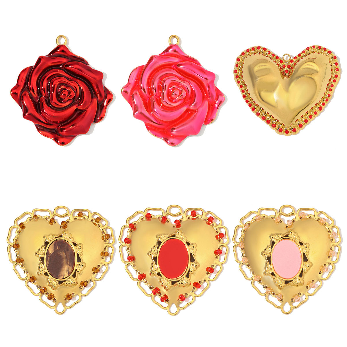 6pcs/Lot Big Stainless Steel Resin Vintage Heart DIY Charms Enamel Rose Flower Necklace Pendants Woman Love Jewelry Wholesale