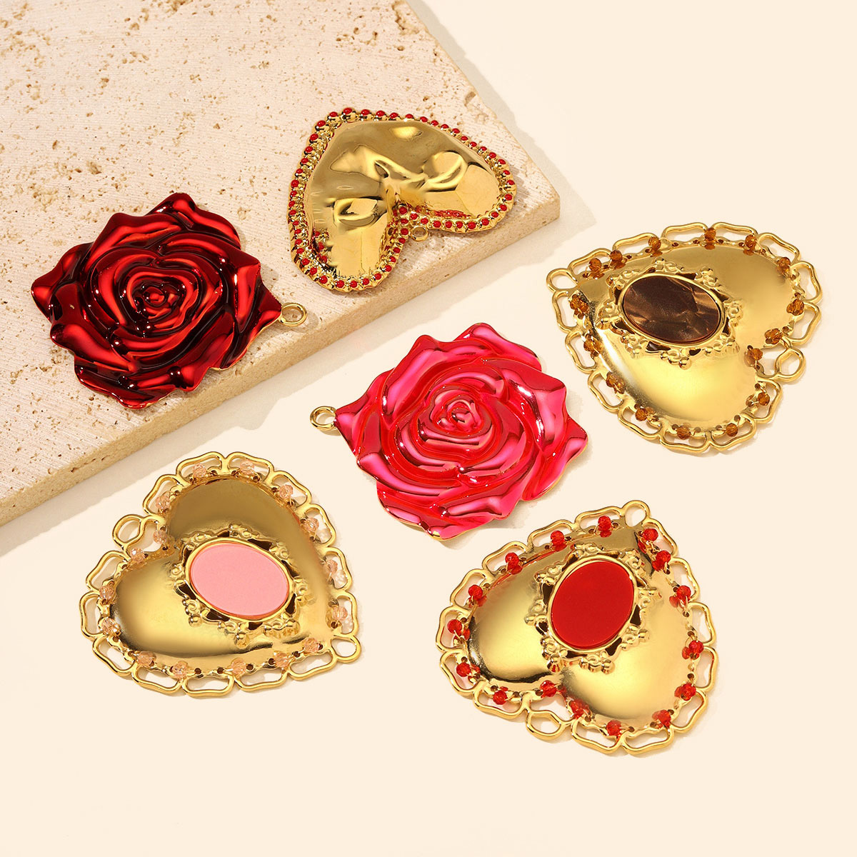 6pcs/Lot Big Stainless Steel Resin Vintage Heart DIY Charms Enamel Rose Flower Necklace Pendants Woman Love Jewelry Wholesale