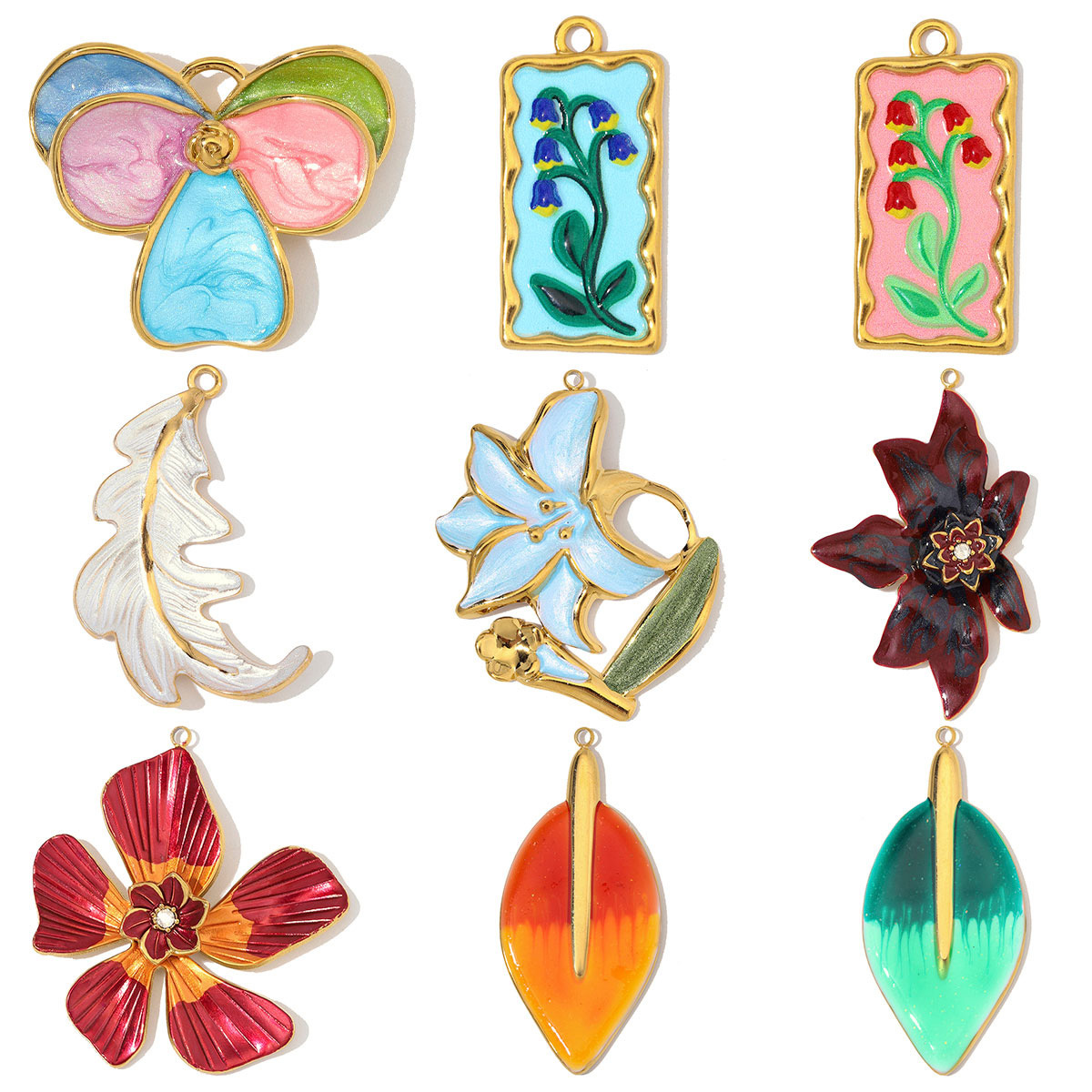 6pcs/Lot Stainless Steel Enamel Feather Leaf DIY Charms Lily of the Valley Necklace Pendants Woman Morning Glory Flower Jewelry Wholesale