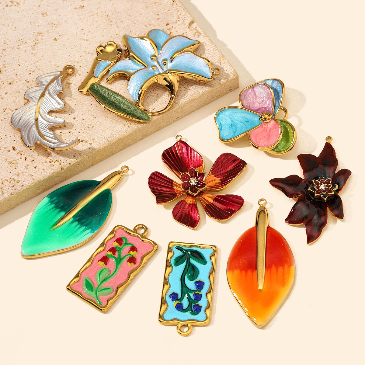 6pcs/Lot Stainless Steel Enamel Feather Leaf DIY Charms Lily of the Valley Necklace Pendants Woman Morning Glory Flower Jewelry Wholesale