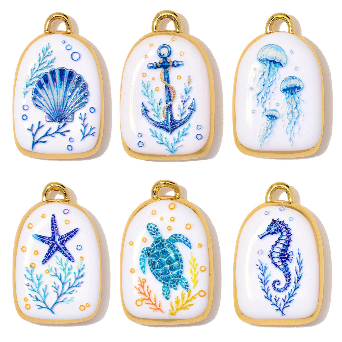 6pcs/Lot Copper Enamel Turtle Starfish Shell DIY Charms Horseshoe Compass Necklace Pendants Woman Anchor Jewelry Wholesale
