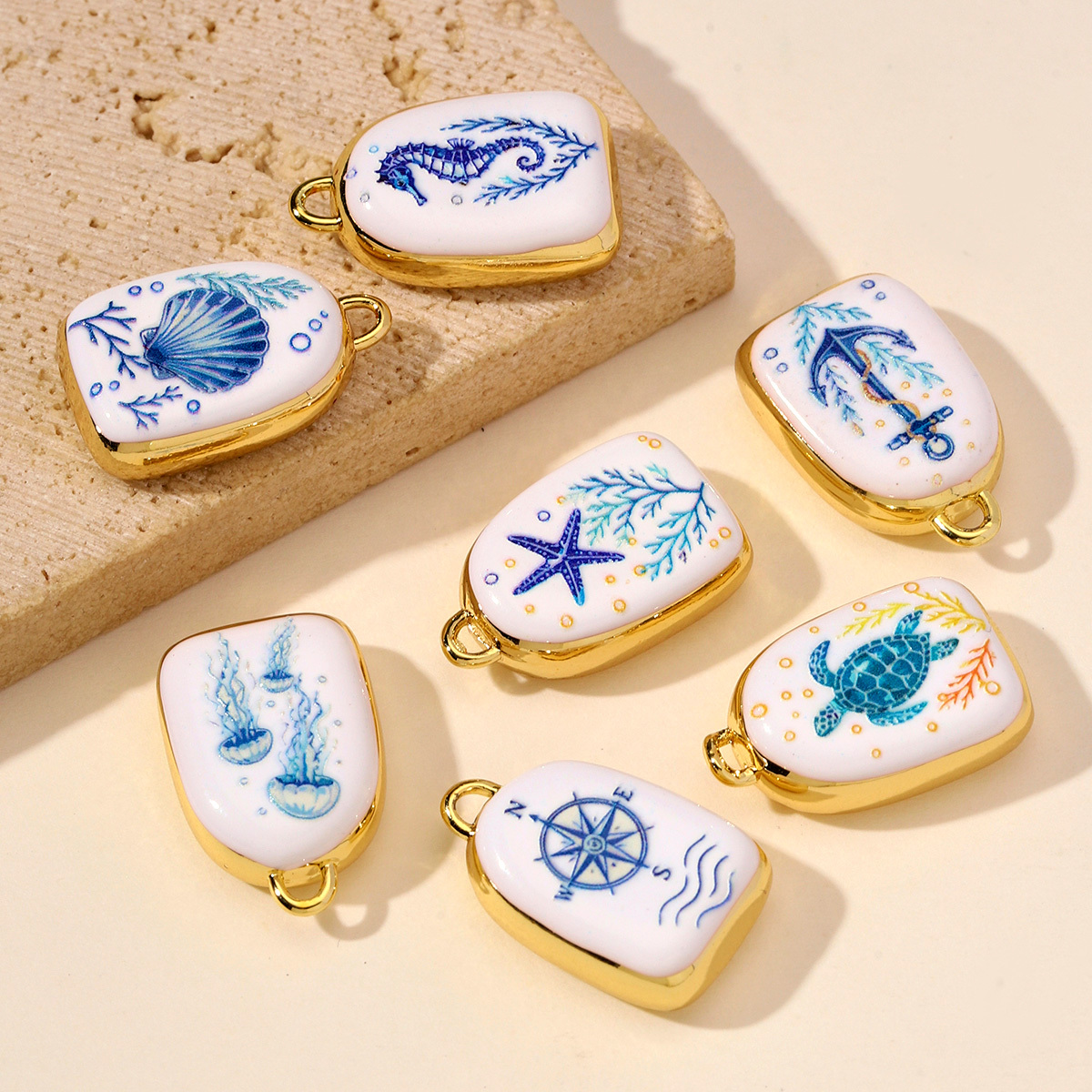 6pcs/Lot Copper Enamel Turtle Starfish Shell DIY Charms Horseshoe Compass Necklace Pendants Woman Anchor Jewelry Wholesale