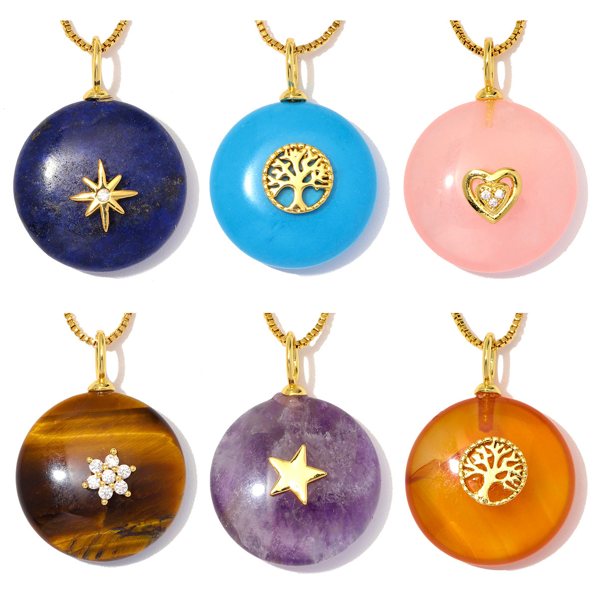6pcs/Lot Copper Zircon Love Heart Star DIY Charms Natural Stone Round Necklace Pendants Woman Evil Eye Life Tree Jewelry Wholesale