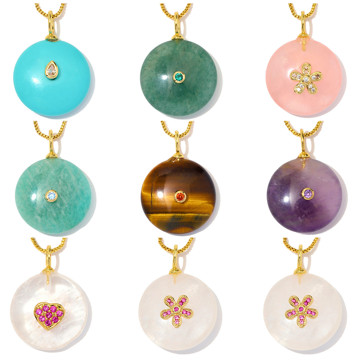 6pcs/Lot Copper Natural Amazonite Tiger Eye Stone DIY Charms Zircon Flower Heart Necklace Pendants Woman Waterdrop Jewelry Wholesale