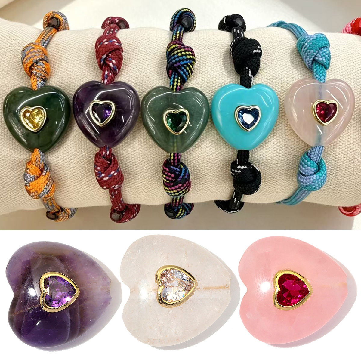 6pcs/Lot Copper Natural Amazonite Stone Amethyst DIY Beads Zircon Love Heart Beaded Charms Woman Bracelet Jewelry Wholesale