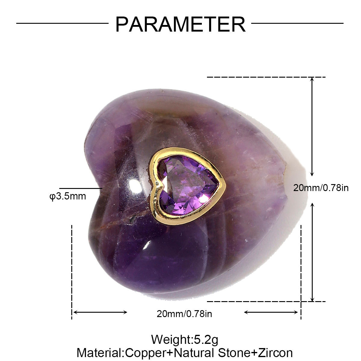 6pcs/Lot Copper Natural Amazonite Stone Amethyst DIY Beads Zircon Love Heart Beaded Charms Woman Bracelet Jewelry Wholesale