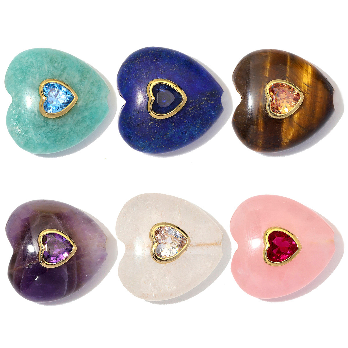 6pcs/Lot Copper Natural Amazonite Stone Amethyst DIY Beads Zircon Love Heart Beaded Charms Woman Bracelet Jewelry Wholesale