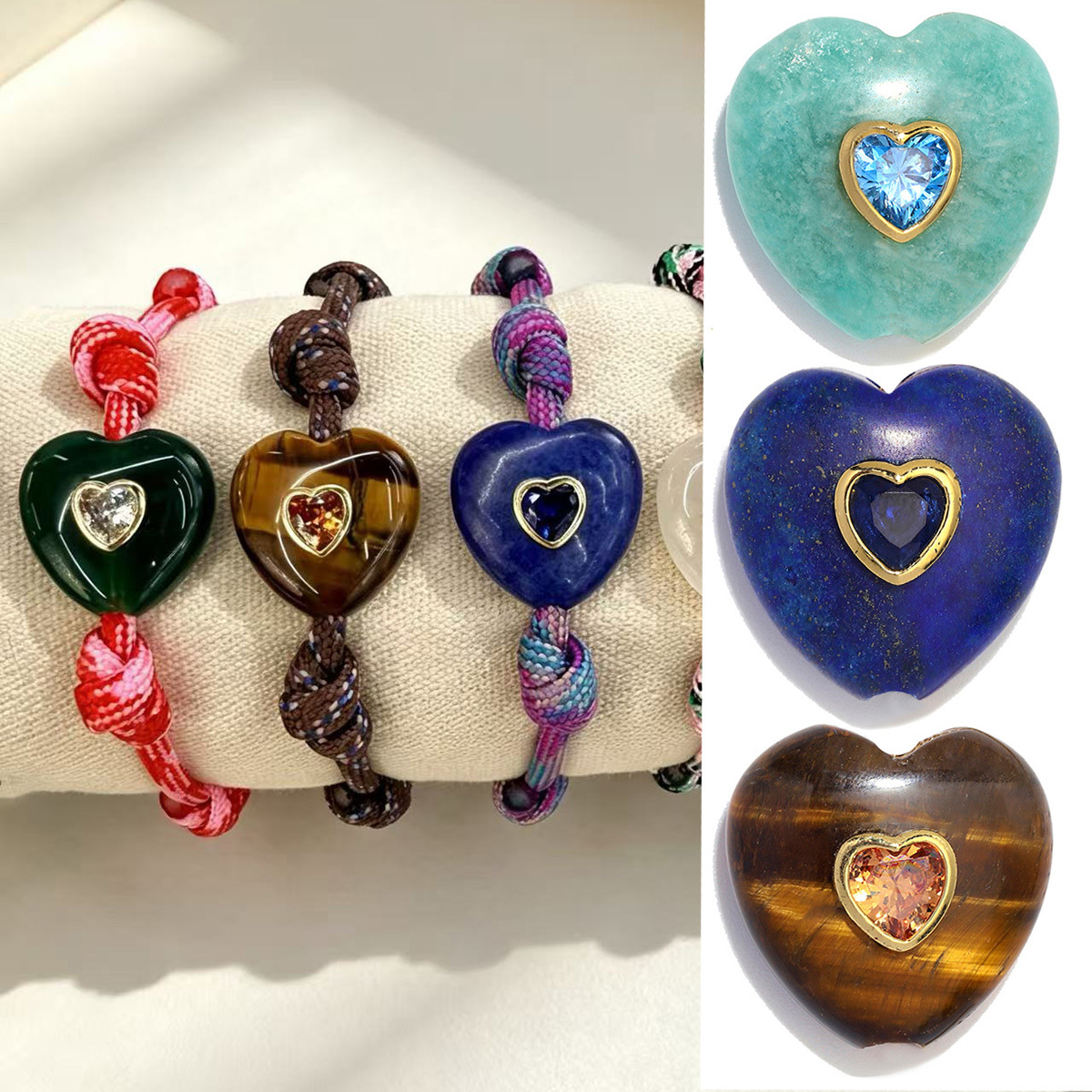 6pcs/Lot Copper Natural Amazonite Stone Amethyst DIY Beads Zircon Love Heart Beaded Charms Woman Bracelet Jewelry Wholesale