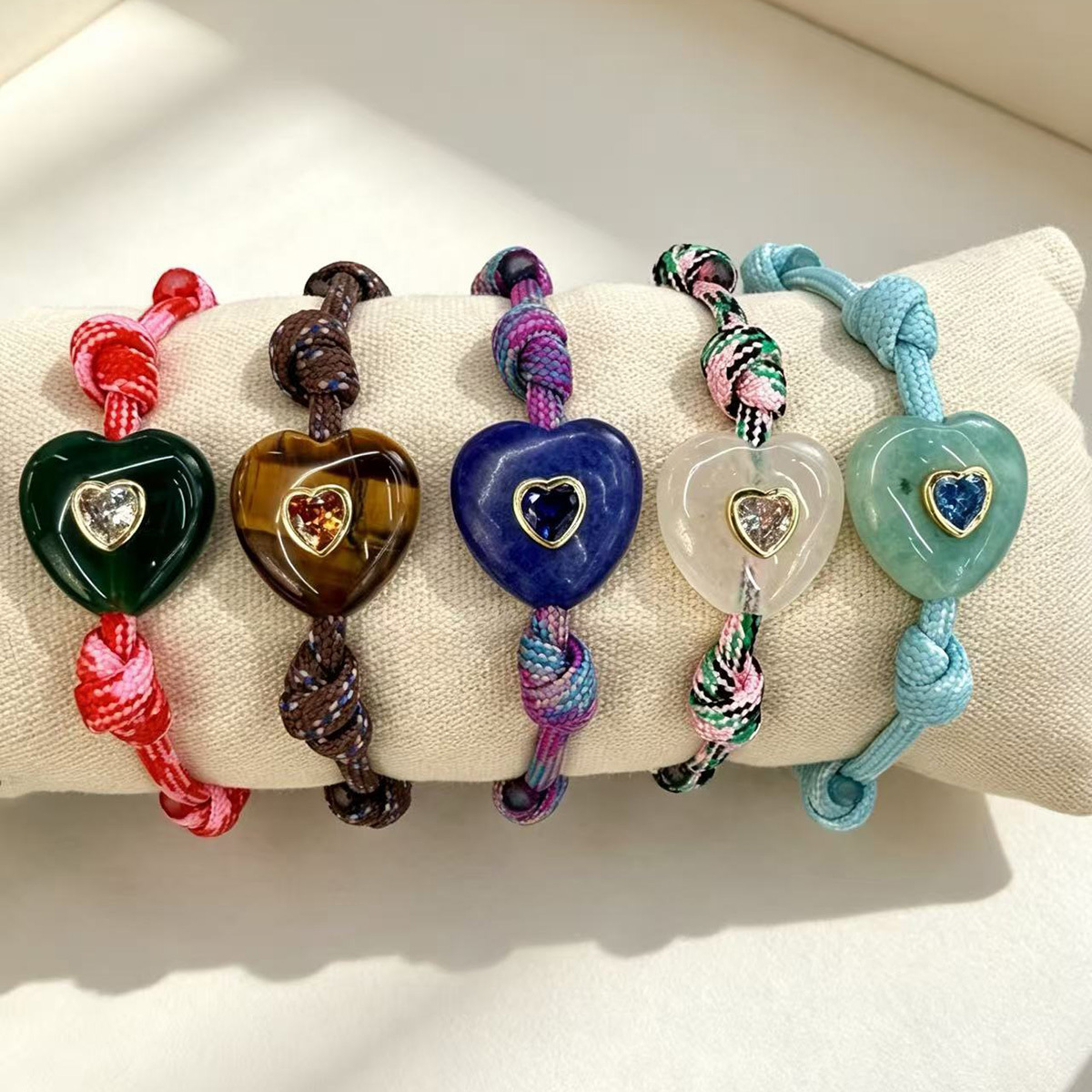 6pcs/Lot Copper Natural Amazonite Stone Amethyst DIY Beads Zircon Love Heart Beaded Charms Woman Bracelet Jewelry Wholesale