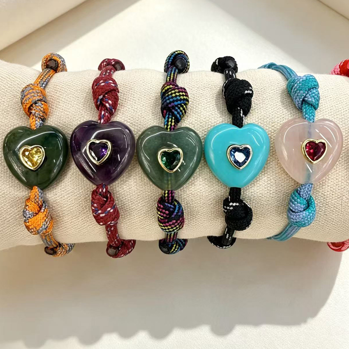 6pcs/Lot Copper Natural Amazonite Stone Amethyst DIY Beads Zircon Love Heart Beaded Charms Woman Bracelet Jewelry Wholesale