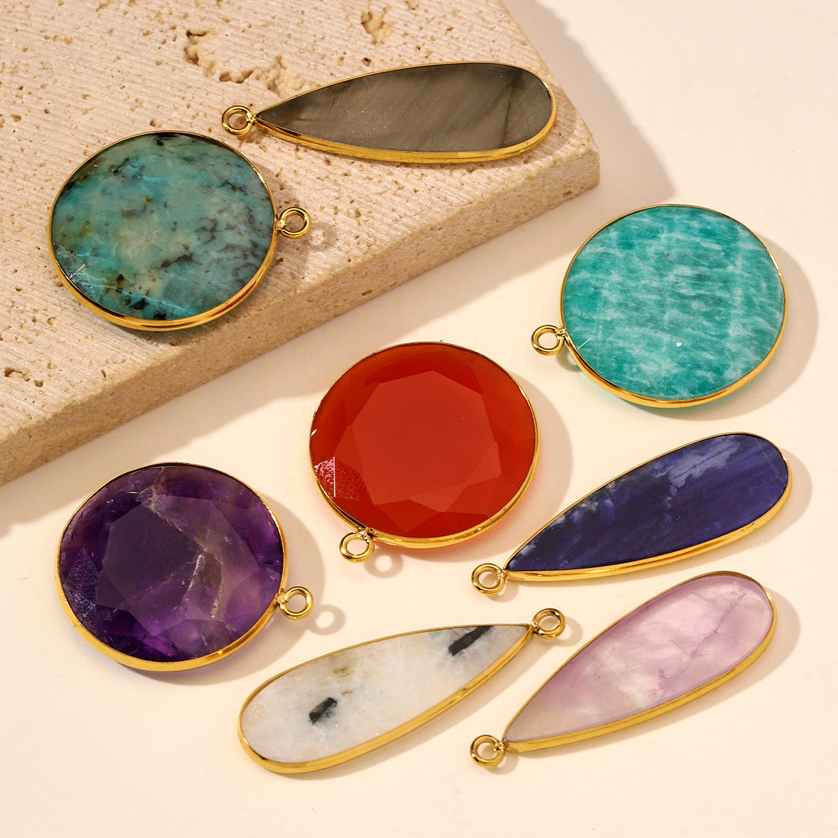 6pcs/Lot Stainless Steel Round Red Agate DIY Earring Charms Amethyst Natural Stone Necklace Pendants Woman Waterdrop Jewelry