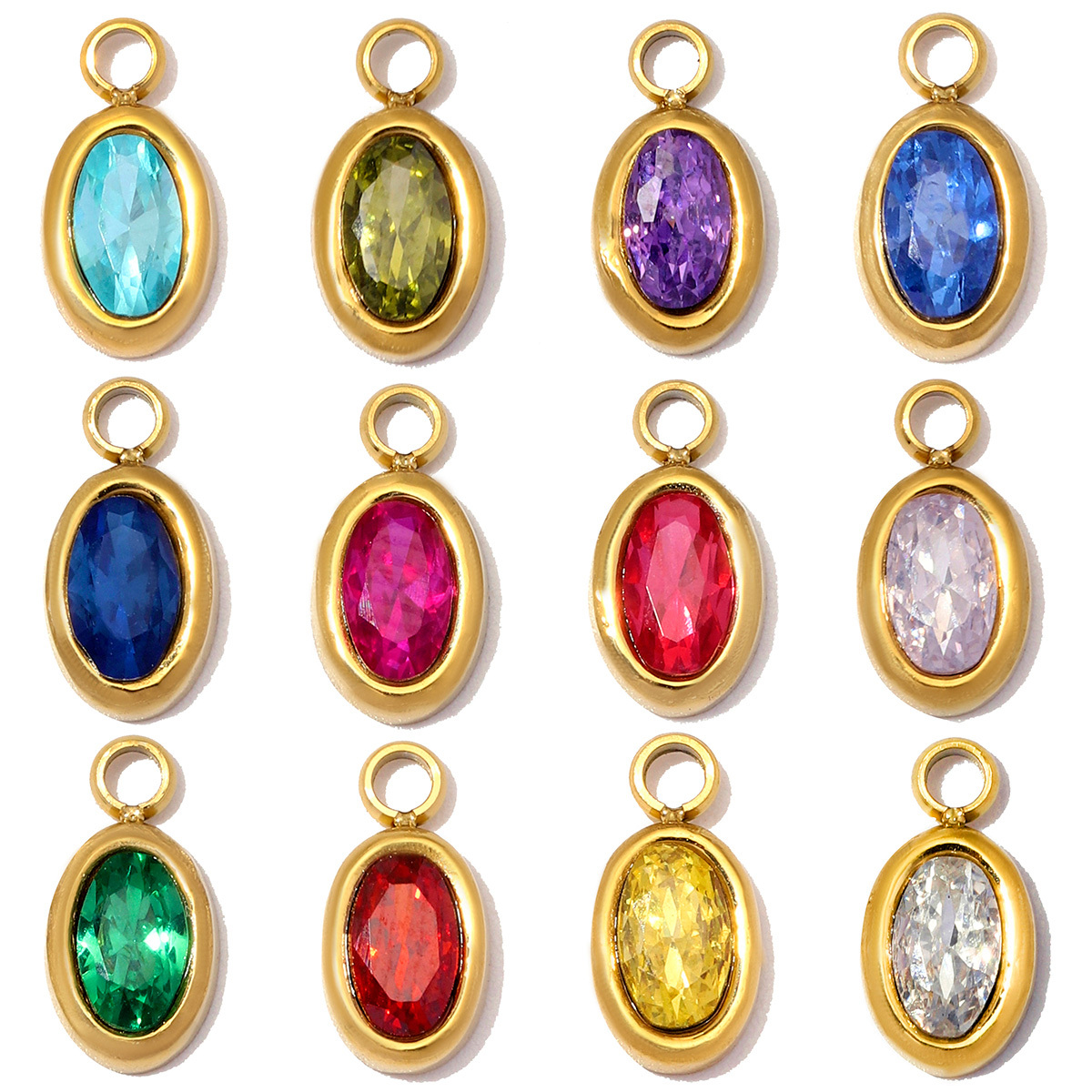 6pcs/Lot Stainless Steel Twelve Birthstones DIY Earring Charms Oval Zircon Necklace Pendants Woman Birthday Gift Jewelry Wholesale