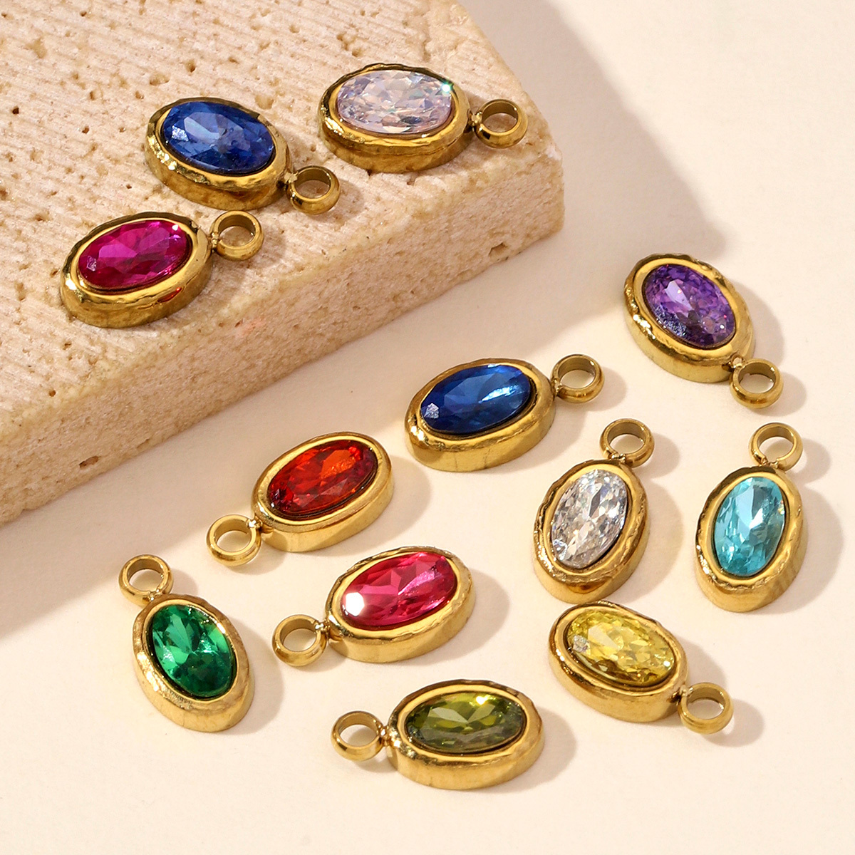 6pcs/Lot Stainless Steel Twelve Birthstones DIY Earring Charms Oval Zircon Necklace Pendants Woman Birthday Gift Jewelry Wholesale