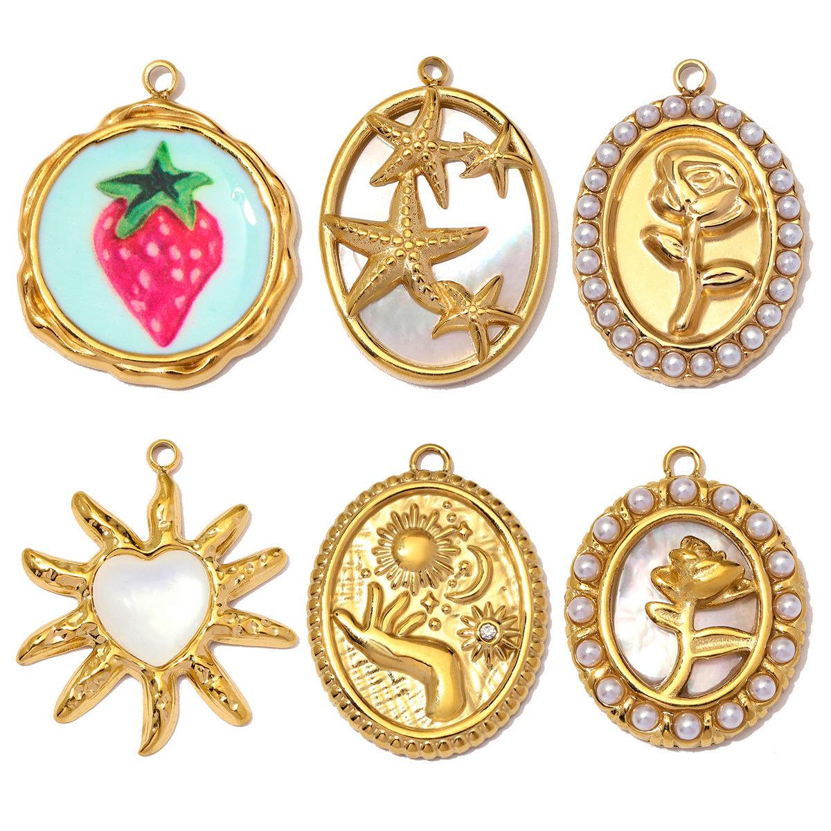 6pcs/Lot Retro Stainless Steel ABS Pearl Rose DIY Charm Dog Sun Hand Necklace Pendants Woman Enamel Strawberry Jewelry Wholesale