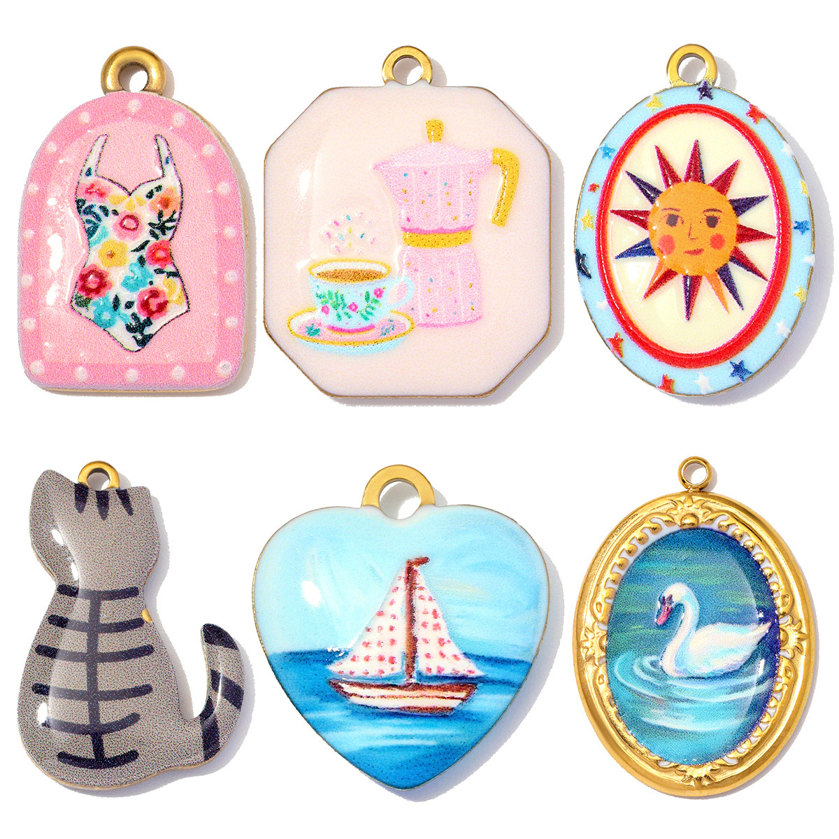 6pcs/Lot Stainless Steel Enamel Cat Swan DIY Earring Charms Sun Swimwear Necklace Pendants Woman Sail Boat Cup Jewelry Wholesale