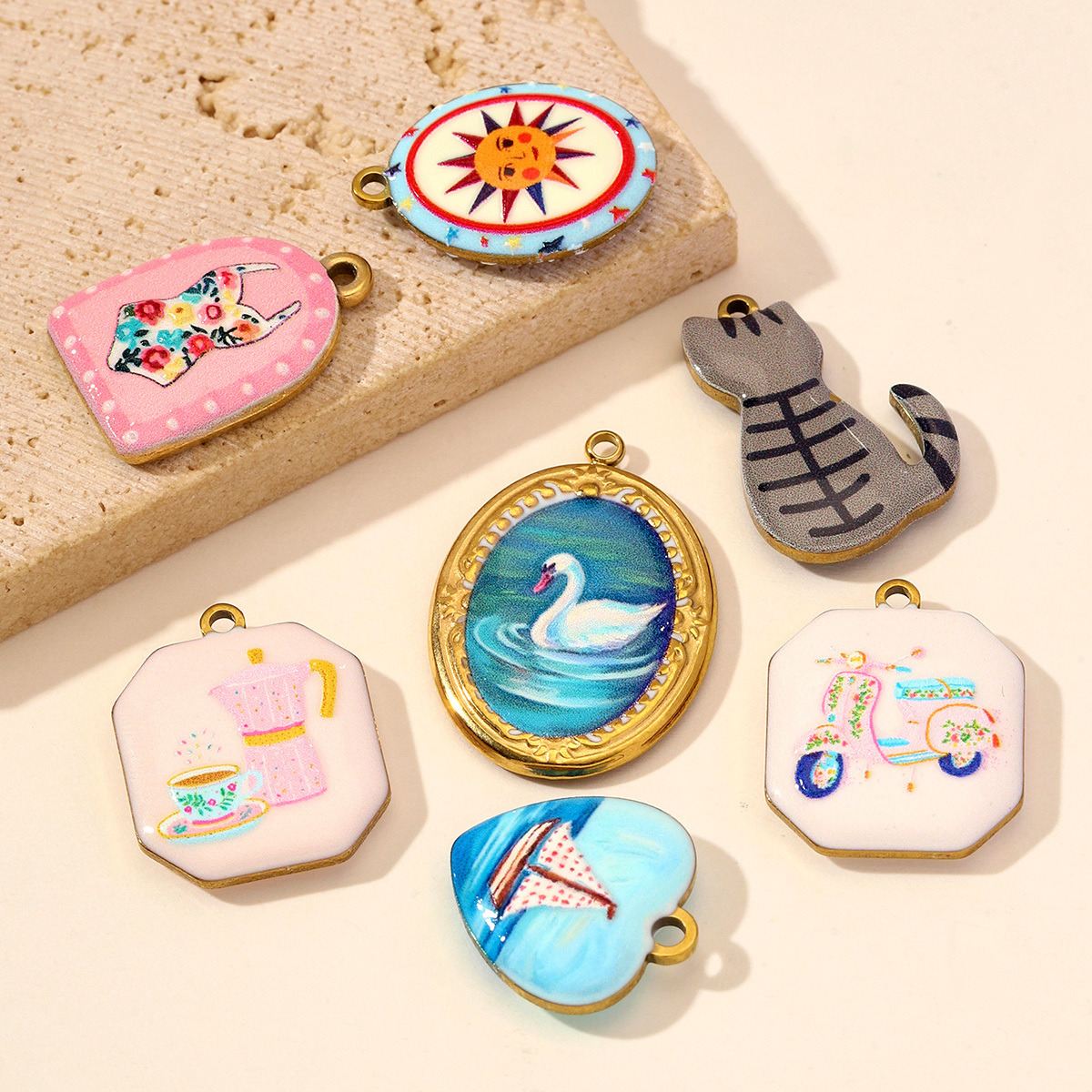 6pcs/Lot Stainless Steel Enamel Cat Swan DIY Earring Charms Sun Swimwear Necklace Pendants Woman Sail Boat Cup Jewelry Wholesale
