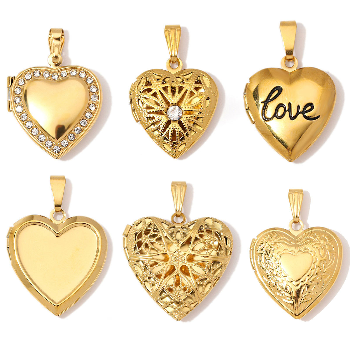 6pcs/Lot Wholesale Stainless Steel Hollow Heart Locket Charm Rhinestone Love Picture Box Necklace Pendant Woman Special Gift Jewelry