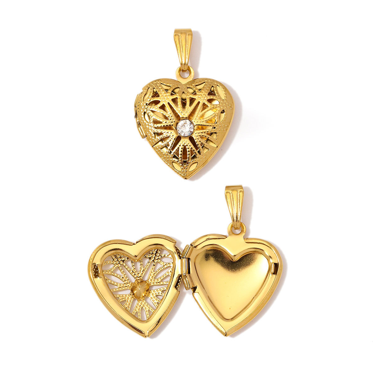 6pcs/Lot Wholesale Stainless Steel Hollow Heart Locket Charm Rhinestone Love Picture Box Necklace Pendant Woman Special Gift Jewelry