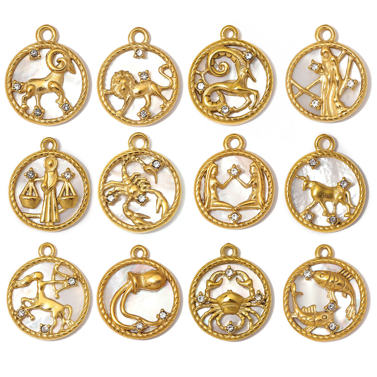 6pcs/Lot Stainless Steel Zodiac DIY Charms Rhinestone Shell Aries Cancer Necklace Pendants Woman Special Gift Jewelry Wholesale