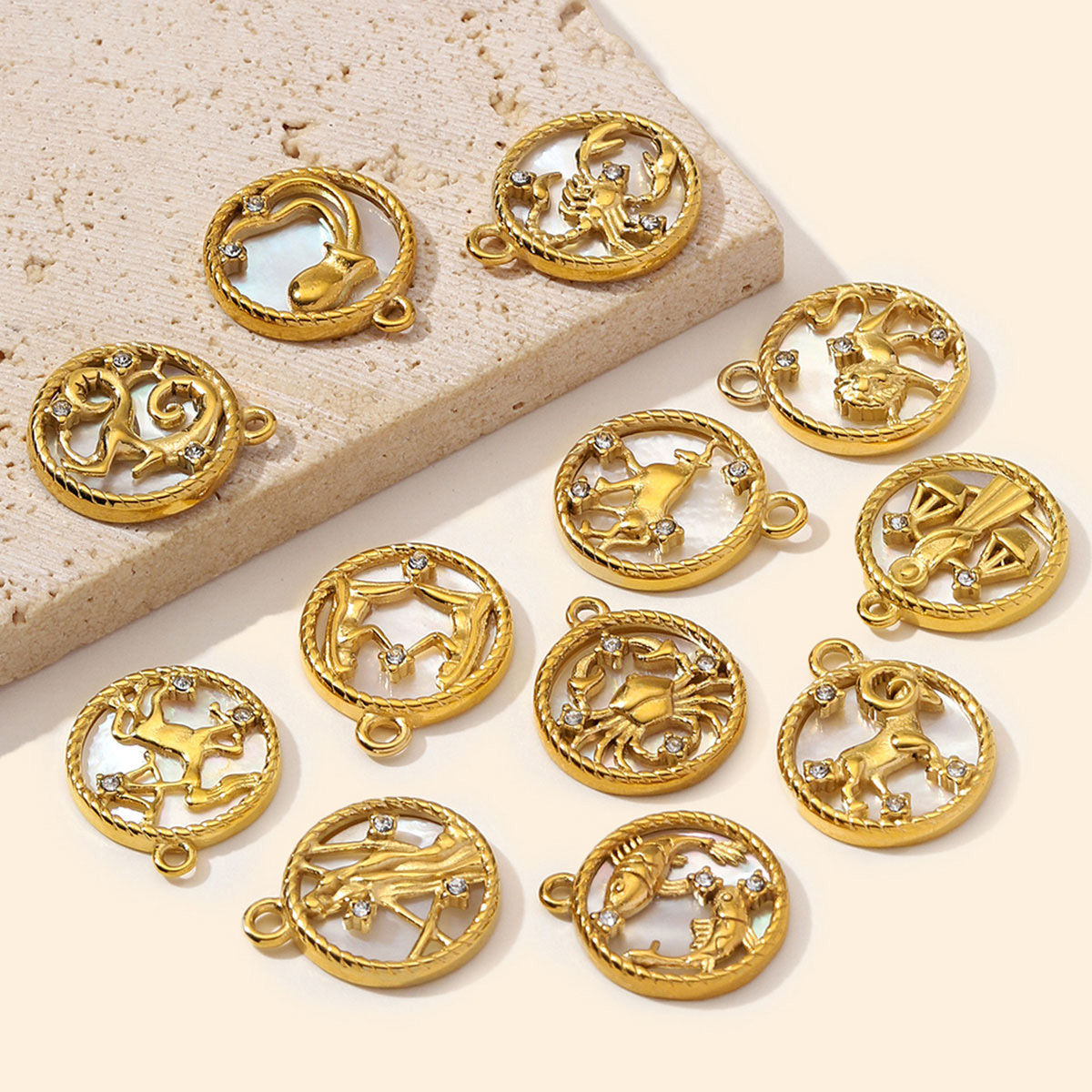 6pcs/Lot Stainless Steel Zodiac DIY Charms Rhinestone Shell Aries Cancer Necklace Pendants Woman Special Gift Jewelry Wholesale