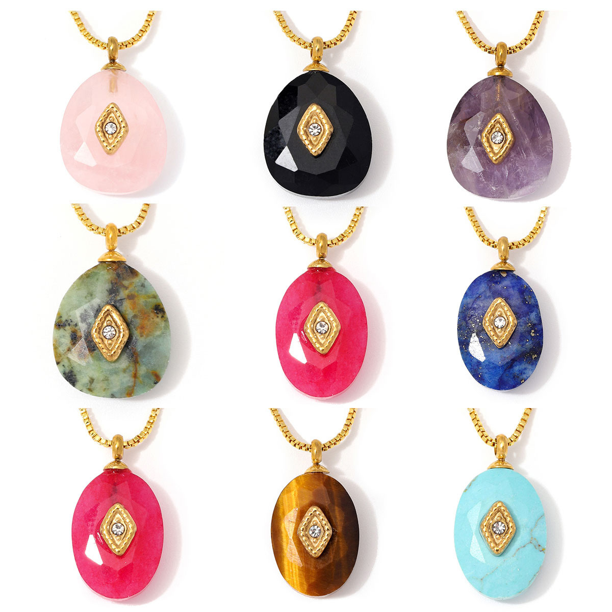 6pcs/Lot Stainless Steel Oval Natural Stone DIY Charms Turquoise Amethyst Waterdrop Necklace Pendants Woman Jewelry Wholesale