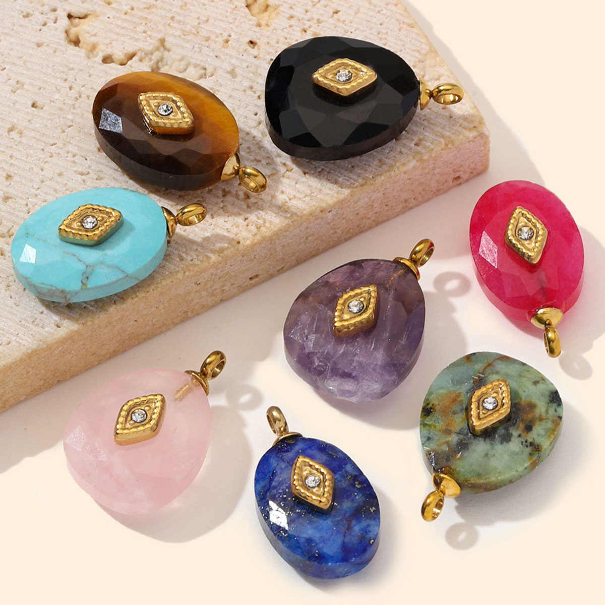 6pcs/Lot Stainless Steel Oval Natural Stone DIY Charms Turquoise Amethyst Waterdrop Necklace Pendants Woman Jewelry Wholesale