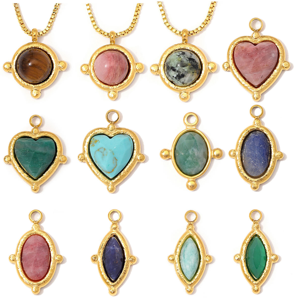 6pcs/Lot Stainless Steel Natural Stone Round DIY Charms Oval Heart African Jade Necklace Pendants Woman Rhodochrosite Jewelry
