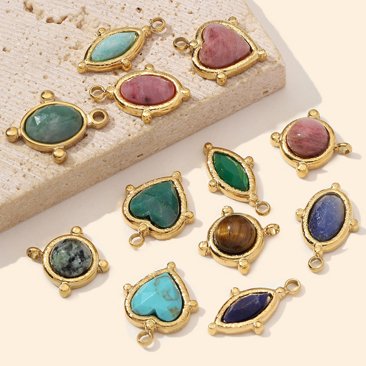 6pcs/Lot Stainless Steel Natural Stone Round DIY Charms Oval Heart African Jade Necklace Pendants Woman Rhodochrosite Jewelry