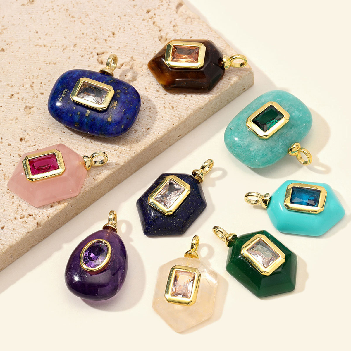 6pcs/Lot Natural Stone Copper White Jade Amethyst DIY Charms Zircon Square Diamond Shape Necklace Pendants Woman Jewelry